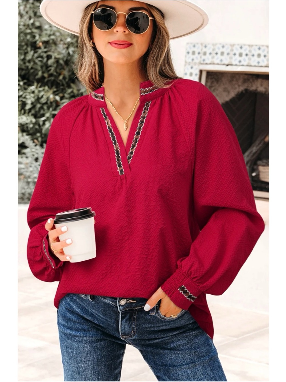Umgee Textured Puff Sleeve Blouse V-Neck Leopard Sz Medium Racing Red Jacquard